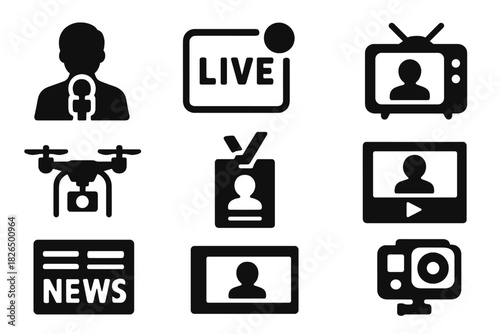 Media Coverage Icons. Solid style icons of media coverage: reporter with iron mic, live stream icon, TV coverage panel. Drone