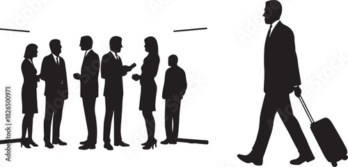 Business Traveler with Rolling Suitcase and Office Team — Silhouette Vector

