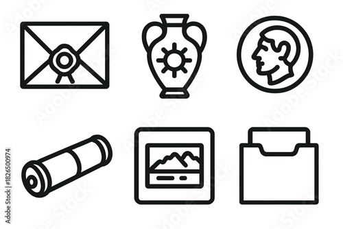 Time Capsule Icons. Line style icons of Time Capsule Curation: wax-sealed letter, symbolic object, cultural token, closed scroll