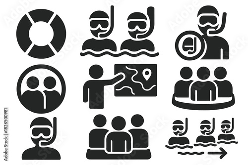 Snorkeling Icons Collection. Solid style icons of group snorkeling sessions: float ring glyph, swimmer pair icon, briefing badge.