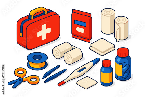 Disaster Preparedness Kit. Isometric vector illustration set Disaster preparedness – medical kit bag, antiseptic wipes, bandage