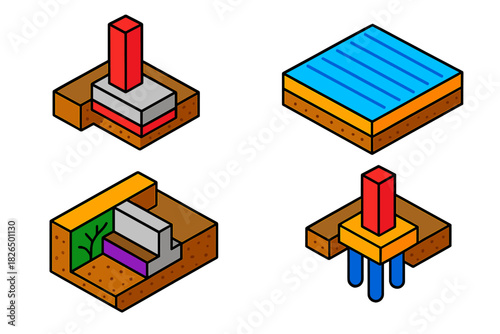 Foundation Illustrations Set. Isometric vector illustration set Foundations – strip footing, raft foundation, pile foundation;