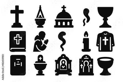 Byzantine Religious Icons. Solid style icons of Byzantine religion: altar cross, censer, church dome, chalice, gospel book,