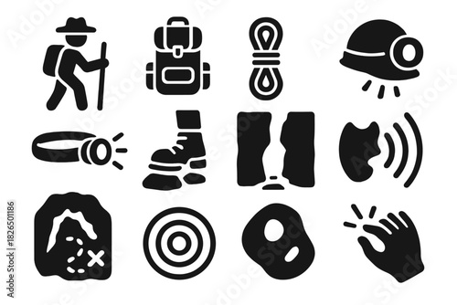 Adventure Icons Set. Solid style icons of Adventure experience: explorer figure, backpack, climbing rope, helmet light, headlamp