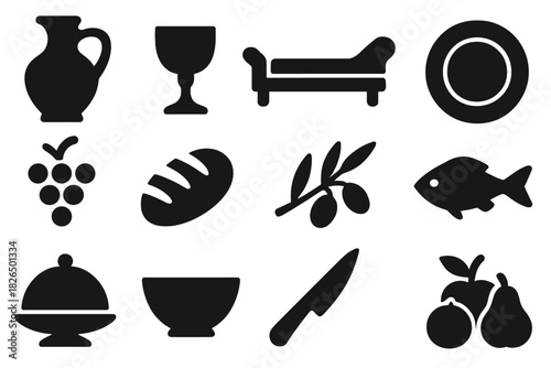 Roman Feast Icons. Solid style icons of Roman Feasts: Wine Jug, Cup, Reclining Couch, Plate, Grapes, Bread, Olive Branch, Fish,