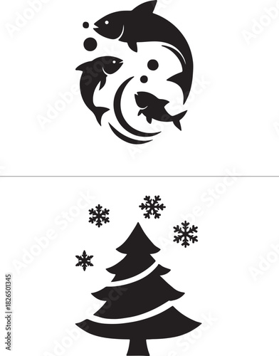 Black and white graphic of swimming fish and a winter evergreen tree