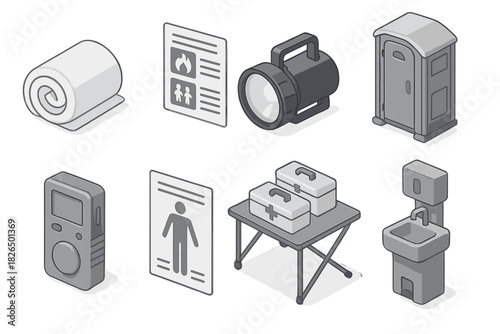 Disaster Relief Supplies. Isometric vector illustration set of Disaster relief: clean bedding roll, emergency instructions card,
