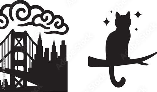 San francisco cityscape with a black cat silhouette and sparkling stars