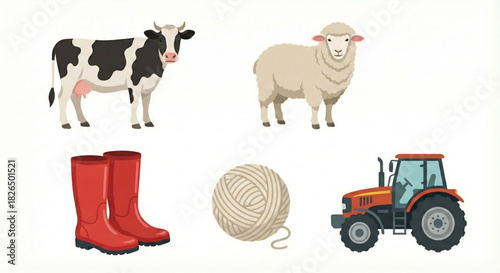 Farm Animals and Equipment Cow, Sheep, Boots, Yarn Ball, and Tractor Illustrations