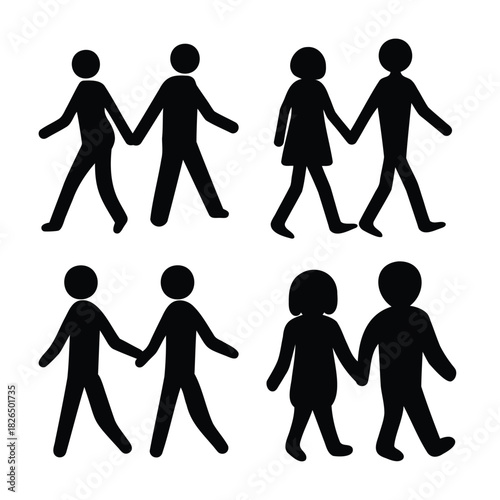 Walking stick figures holding hands, diverse pairs family
