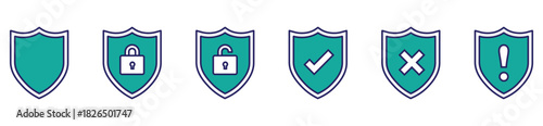 Modern shield line icons for security systems, data protection, mobile applications, and web interfaces.