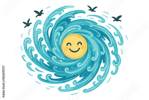 Joyful Hurricane Whirl. Hurricane dance with swirling cheerful waves, eye of the storm smiling, and birds flying in playful