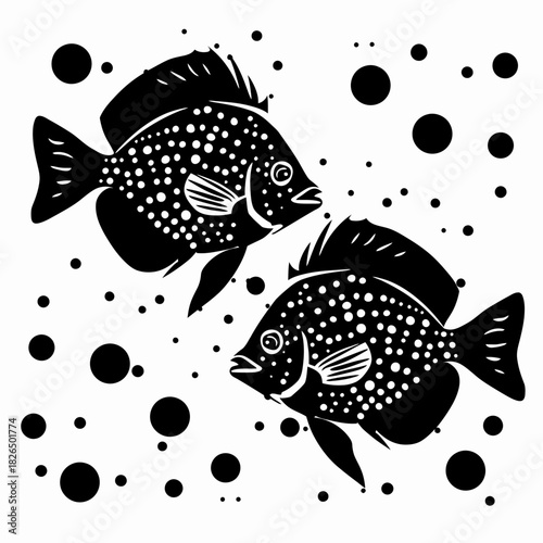 Black and white illustration of two fish swimming with bubbles