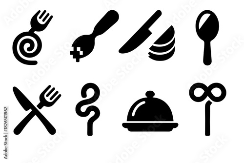 Trick Utensils Icons. Solid style icons of trick utensils: reverse-spinning fork, spoon with glitch tip, knife that reforms slices