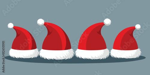 Four red santa hats with white trim lined up on a gray background