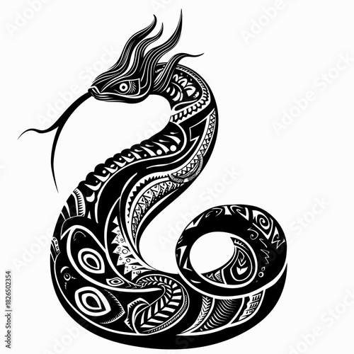 Intricate black and white serpent illustration with decorative patterns