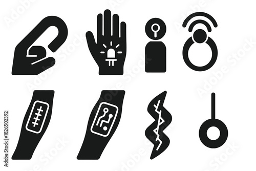 Body-Mod Icon Set. Solid style icons of body-mod interfaces: magnet finger implant, LED subdermal light, programmable piercing