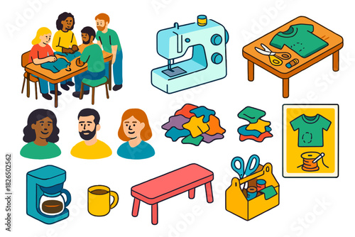 Sustainable Fashion Workshop. Isometric vector illustration set Sustainable fashion – communal mending workshop, sewing machine,