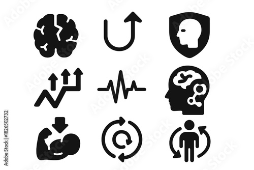 Resilience Icon Set. Solid style icons of leadership resilience training: resilient brain icon, bounce-back circuit, mental