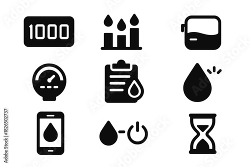 Water Usage Icons. Solid style icons of water output indicators: digital screen showing liters, droplet bar chart, tank fill level