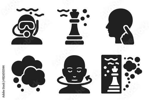 Mental Focus Icons. Solid style icons of mental focus under pressure: deep thought diver, focused chess piece icon, underwater
