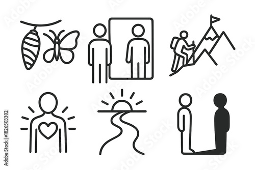 Transformation Icons. Line style icons of personal transformation journey: cocoon to butterfly, mirror reflection change, mountain