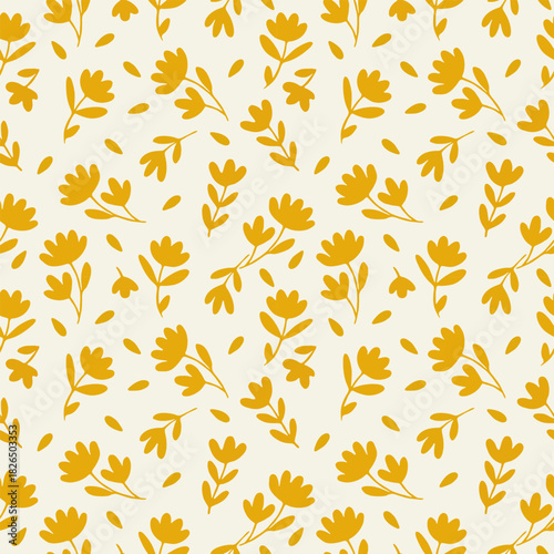 Bright yellow floral silhouettes scattered across a soft cream background, creating a cheerful, minimal, seamless botanical pattern perfect for textiles, decor, and packaging.
