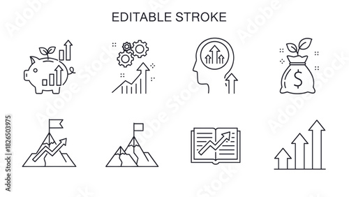 Set of linear icons related to business growth and success.
