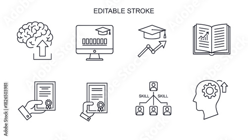 Line art icons depicting learning, skills, and education concepts.