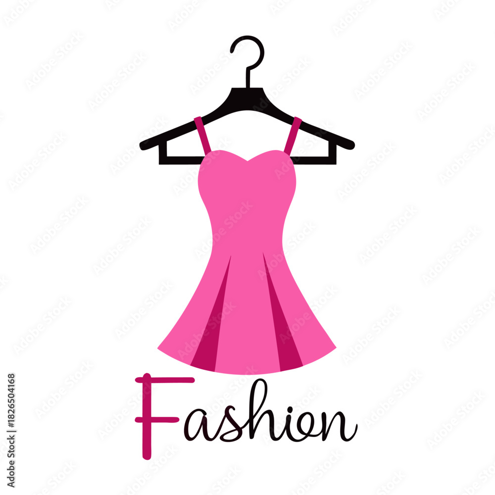 Fototapeta premium A simple graphic illustration of a pink dress hanging on a black hanger with the word 'Fashion' below.