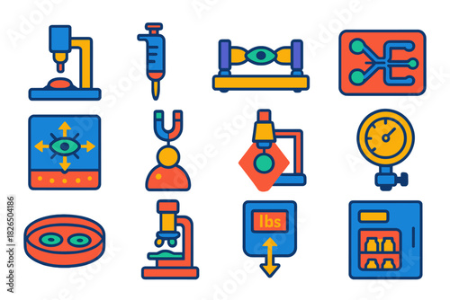 Mechanobiology Tools Icons. Flat vector icons of experimental mechanobiology tools: atomic force microscope, micropipette, stretch