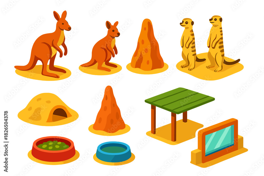 Fototapeta premium Isometric Zoo Animals Icons. Isometric vector illustration set Zoo animals – kangaroo, wallaby, meerkat; sandy mound, burrow