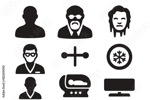 Cryonics Icon Collection. Solid style icons of historical cryonics figures: legacy cryo-pioneer silhouette, cryonics founder icon,