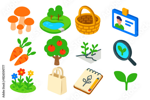 Urban Foraging Icons. Isometric vector illustration set Urban Foraging: mushroom cluster, city park pond, round basket,