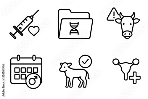 Breeding Program Icons. Line style icons of Breeding Program Management: AI syringe, genetic record folder, heat detection alert,