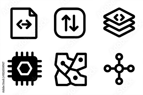Programmable Matter Icons. Line style icons of Programmable Matter: transformation script icon, programmable state symbol, encoded