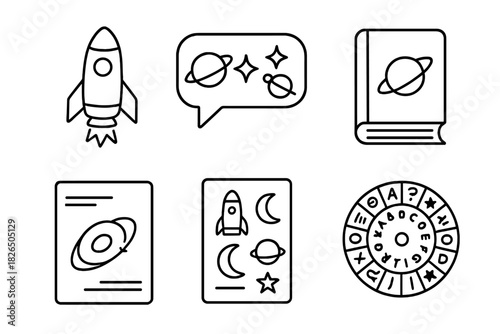 Space Literacy Icons. Line style icons of space literacy and terminology: glossary page with rocket, astronomy vocabulary bubble,