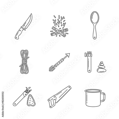 Collection of outdoor survival tools and camping equipment icons for graphic design and illustration