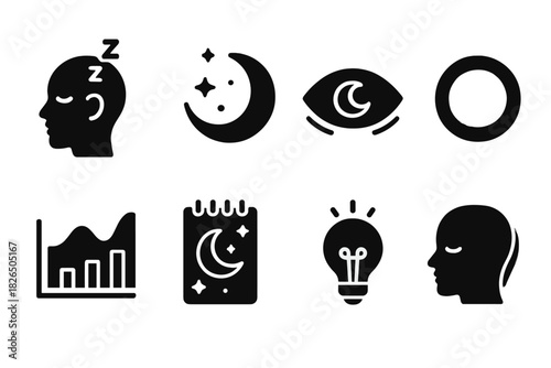 Hypnagogic Icon Set. Solid style icons of hypnagogic state exploration: edge-of-sleep icon, twilight glyph, vision flux badge.