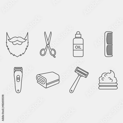 A comprehensive set of modern line icons depicting essential tools for male grooming and professional barber services, perfect for web, app, and graphic design projects