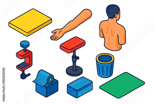 Tattoo Equipment Icons. Isometric vector illustration set Tattoo equipment – practice foam block, arm model, back model; clamp