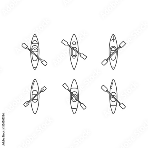 Set of minimalist line art kayak and paddle icons, perfect for representing water sports, recreational paddling, and outdoor adventures in a clean, modern graphic style