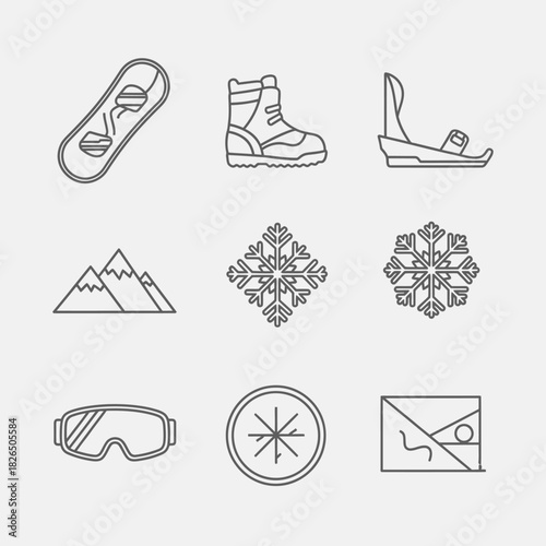 A versatile set of linear icons representing winter sports, including essential snowboarding equipment and natural mountain elements
