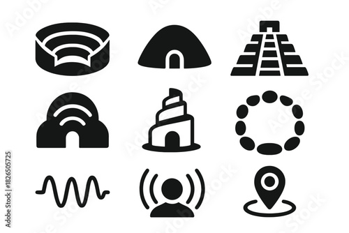 Sacred Site Icons. Solid style icons of sonic properties of sacred sites: amphitheaters, burial mounds, stepped pyramids. Dome