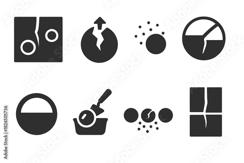 Microcapsule Healing Icons. Solid style icons of microcapsule-based healing: microcapsules in concrete, break-triggered release,