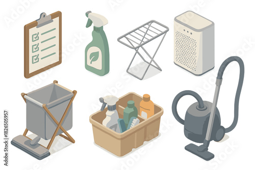 Isometric Cleaning Set. Isometric vector illustration set of Cleaning Services: sanitation checklist board, eco-clean logo bottle,