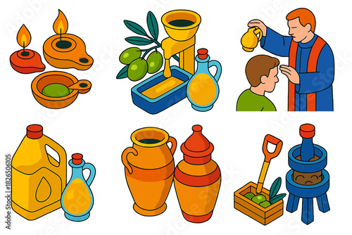 Ancient Olive Oil Icons. Isometric vector illustration set Oleology: ancient lamp fuels, olive oil production, religious anointing