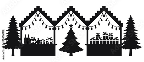 Christmas market stalls silhouette illustration with gifts, festive lights, christmas trees, and bottles, surrounded by pine trees, depicting holiday shopping, seasonal festivities, winter market