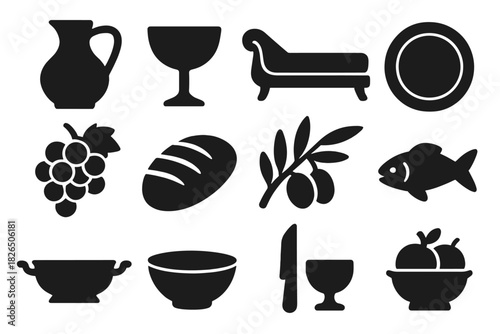 Roman Feast Icons. Solid style icons of Roman Feasts: Wine Jug, Cup, Reclining Couch, Plate, Grapes, Bread, Olive Branch, Fish,