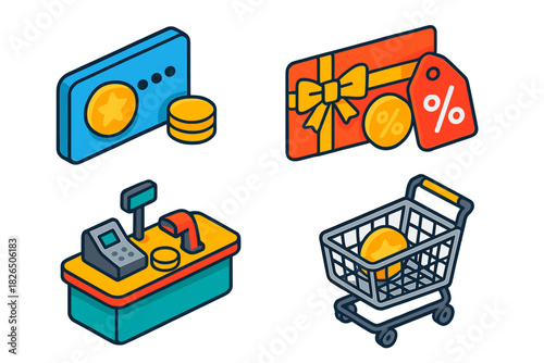 Colorful Reward Icons. Isometric vector illustration set Currency and coins – loyalty points card, points counter, reward icon;